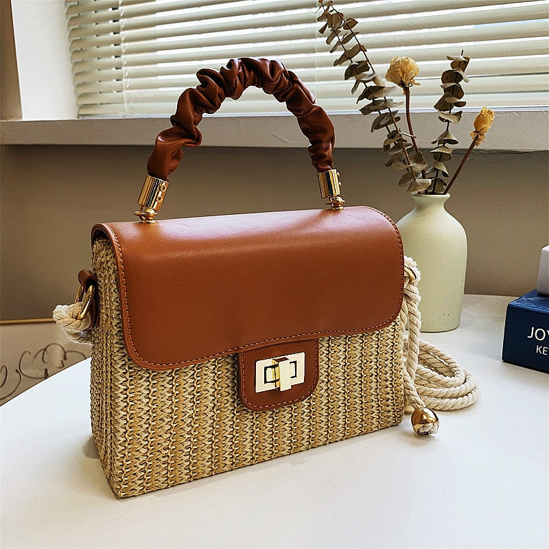 sac a main camel en paille et cuir