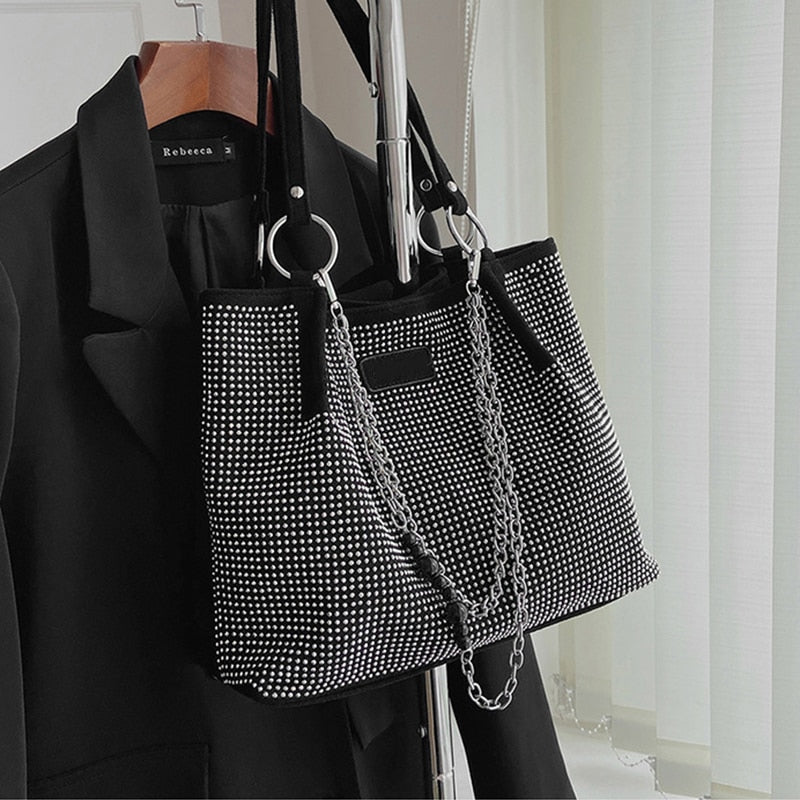 sac a main noir et argent strass