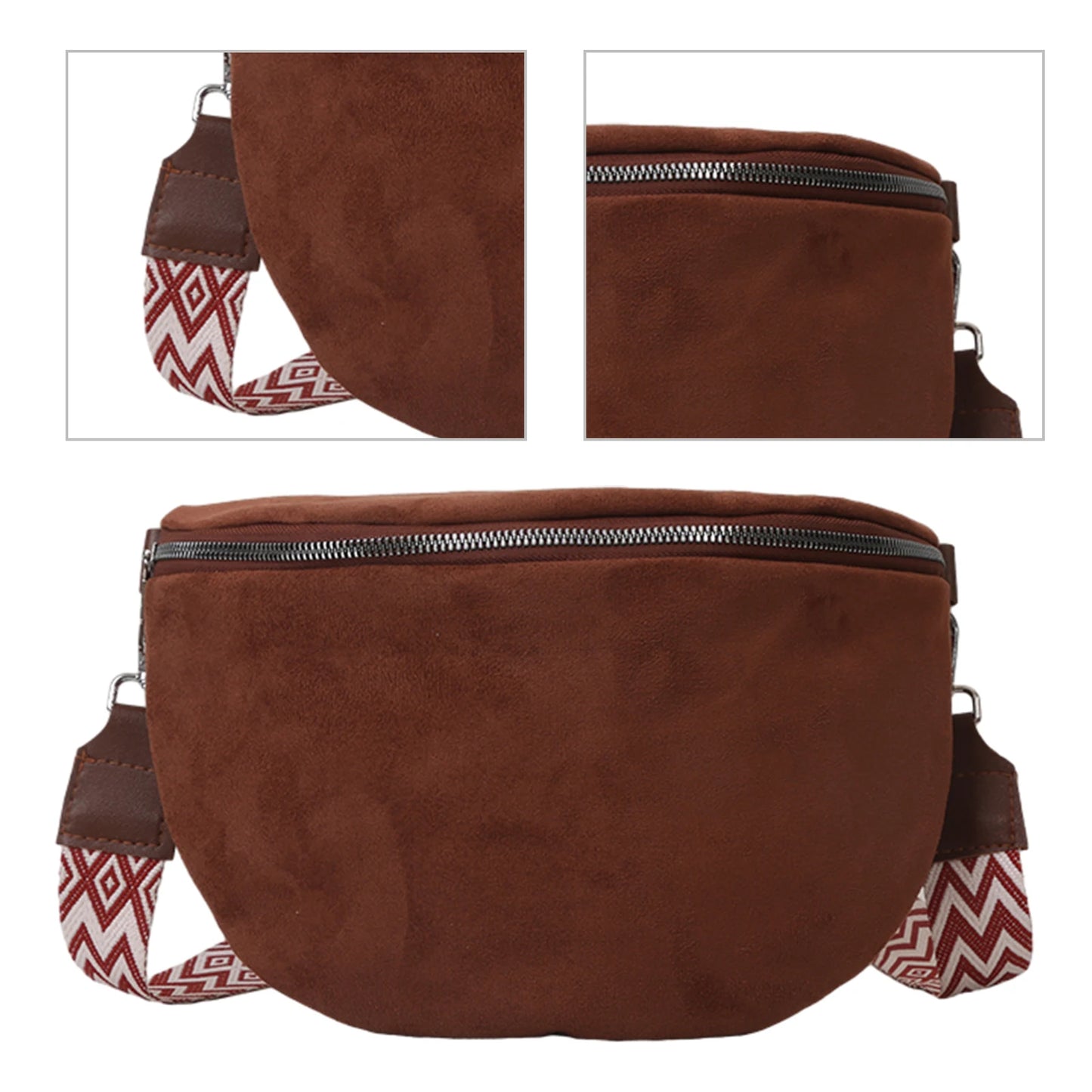 details du sac banane daim femme marron