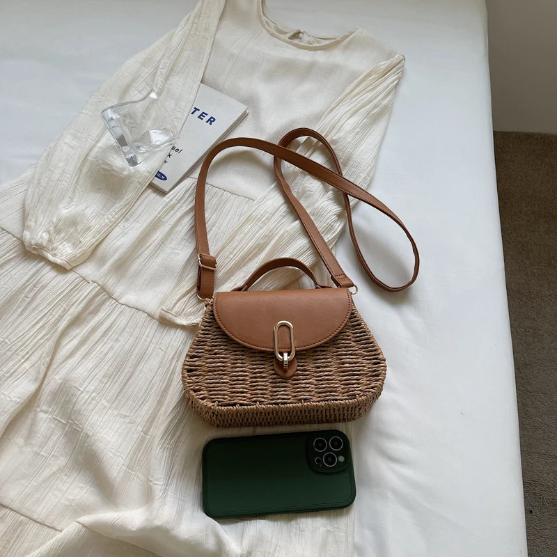 sac bandouliere raphia et cuir marron