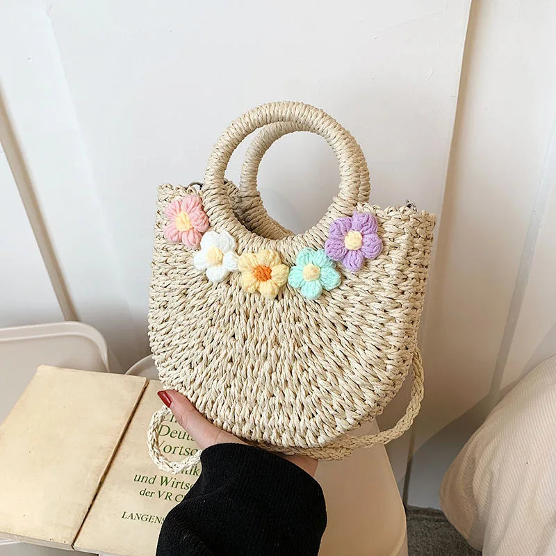 sac a main en paille rond à fleur crochets
