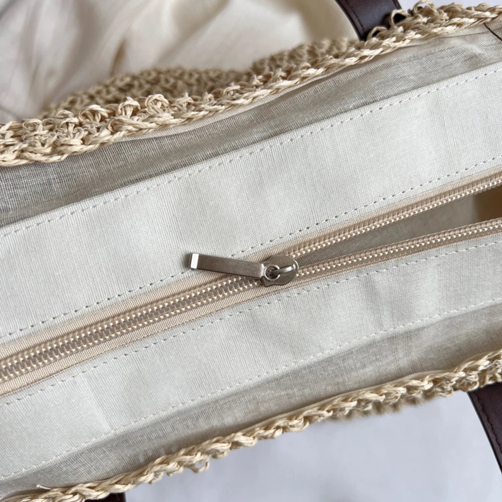 details zip sac de plage femme en paille beige