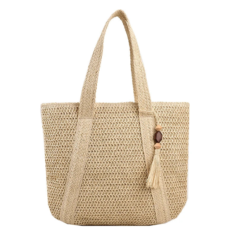 sac de plage beige en paille tressée