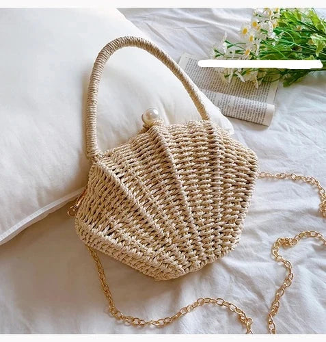 sac en paille coquillage blanc