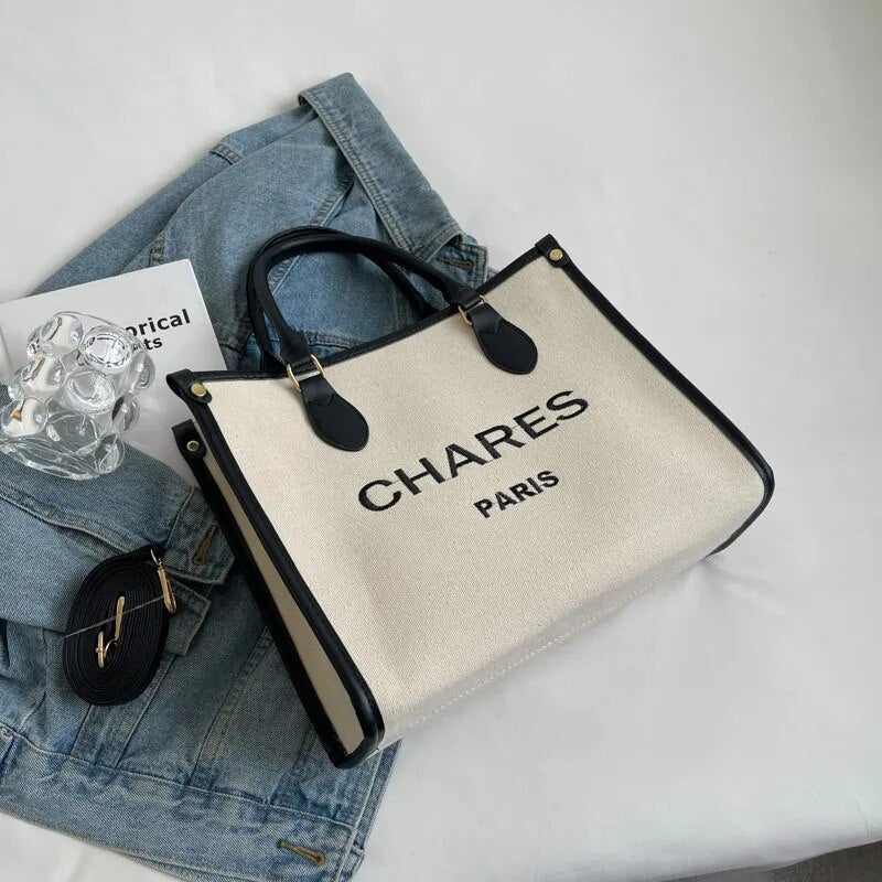 grand sac cabas avec fermeture eclair en canvas beige et noir