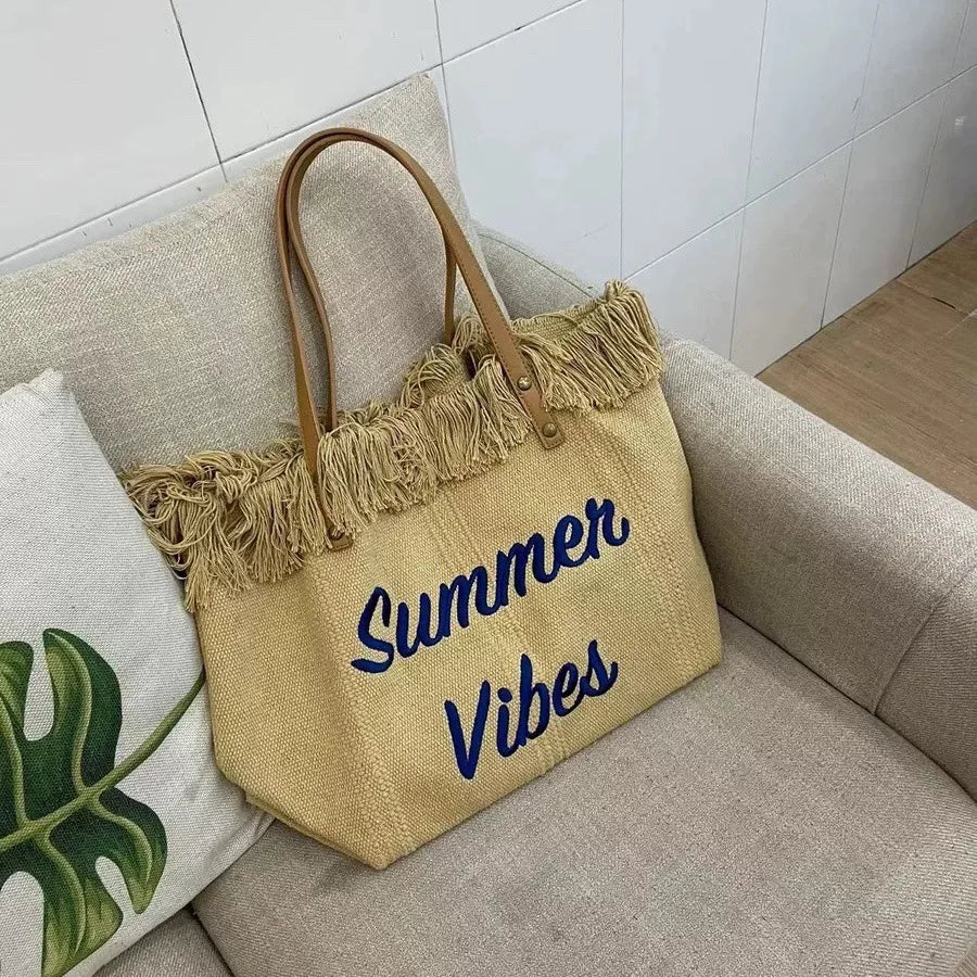sac de plage femme avec inscription bleu