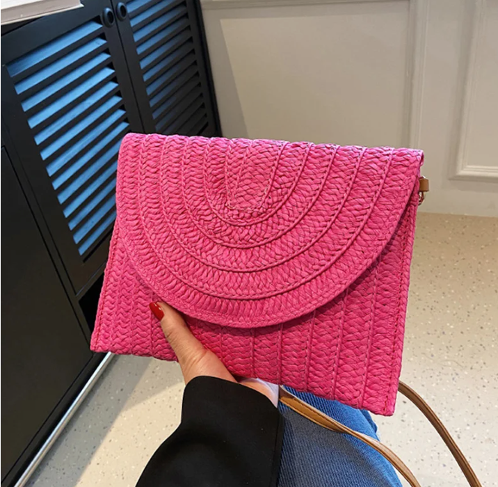 sac bandouliere en paille rose