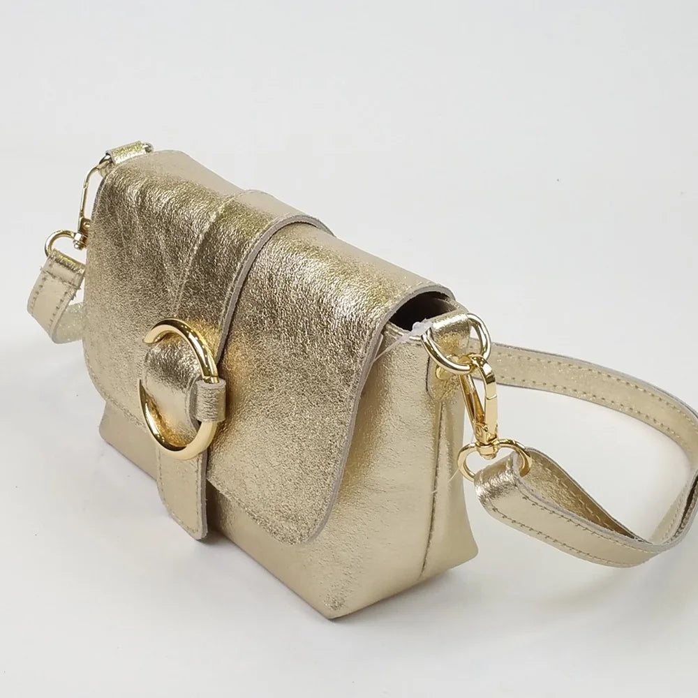 Petit sac en cuir irisé doré avec bandoulière assortie