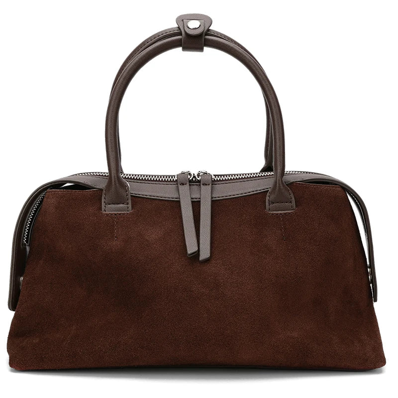 Sac bowling marron foncé en cuir suédé elegant