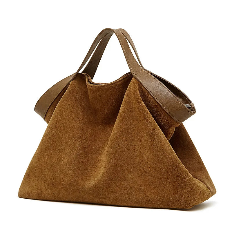 Grand sac en daim cognac avec anses en cuir assorties