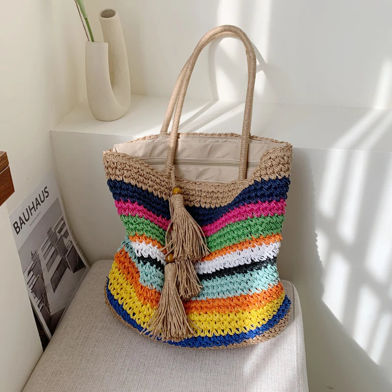 sac cabas paille avec pompons