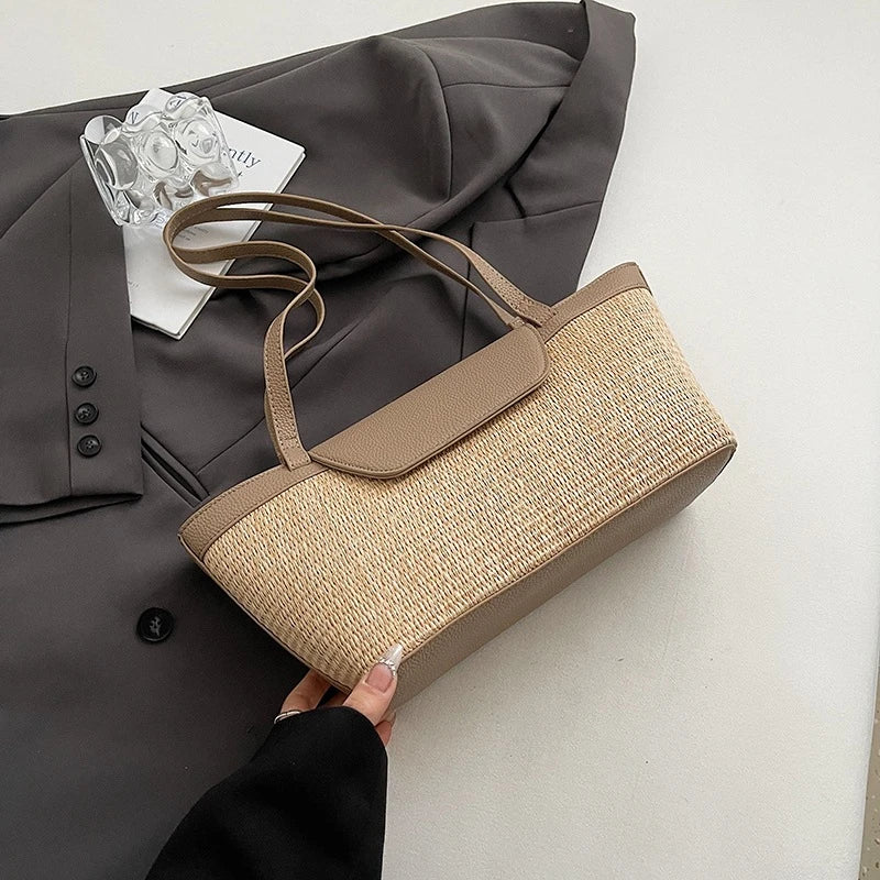 sac a main paille et cuir gris