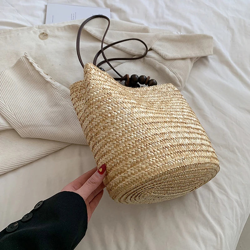 sac seau paille beige