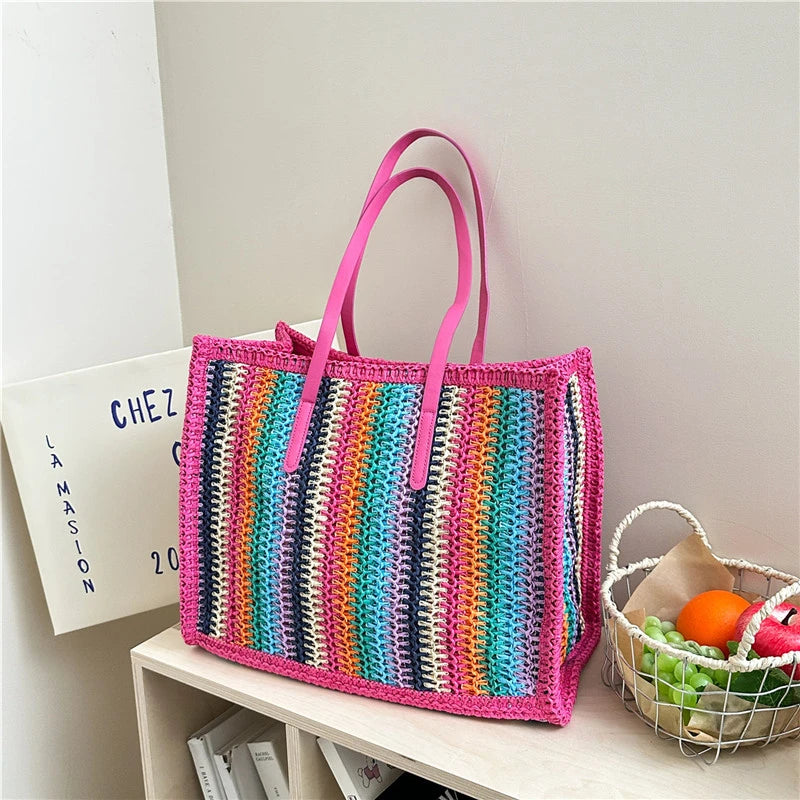 grand sac en paille rose