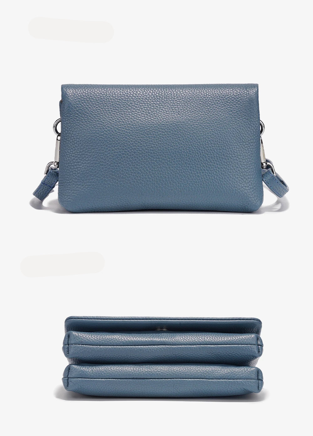 Pochette bandoulière en cuir bleu vu de dessous et de face