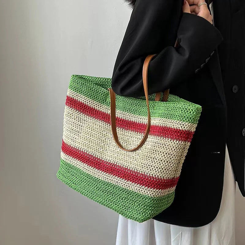 cabas paille et cuir vert