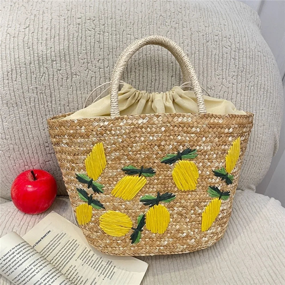 sac en paille brode citron