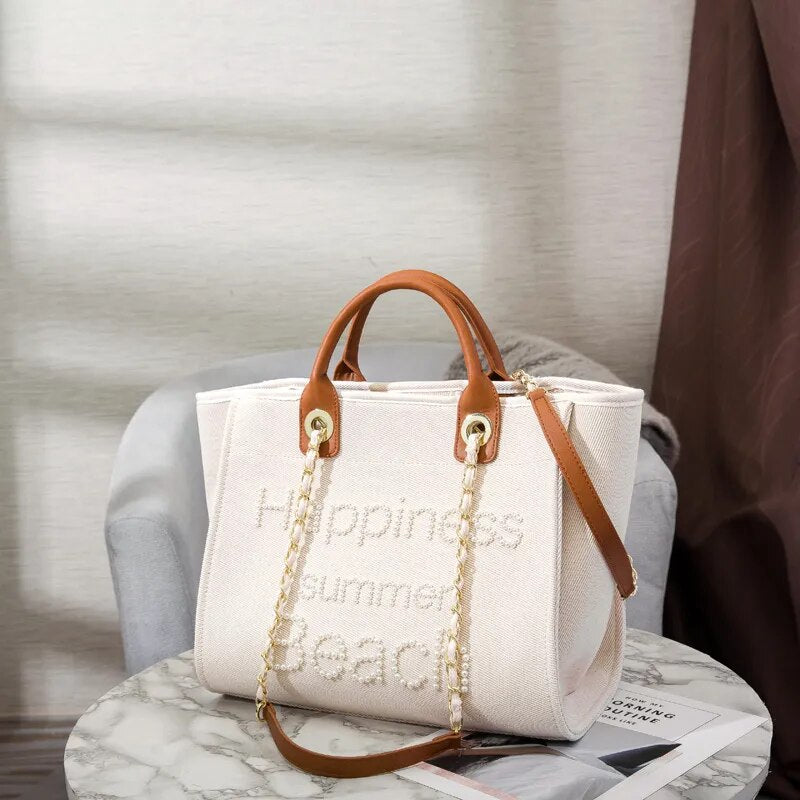 grand sac cabas xxl blanc avec details marrons