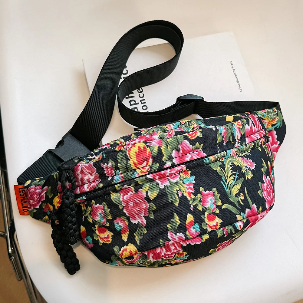 sac banane à fleurs noir