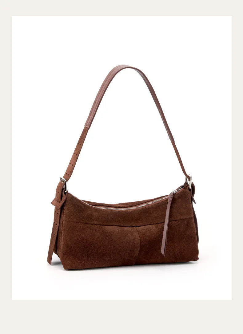 Sac en daim café avec fermeture zippée et anse en cuir
