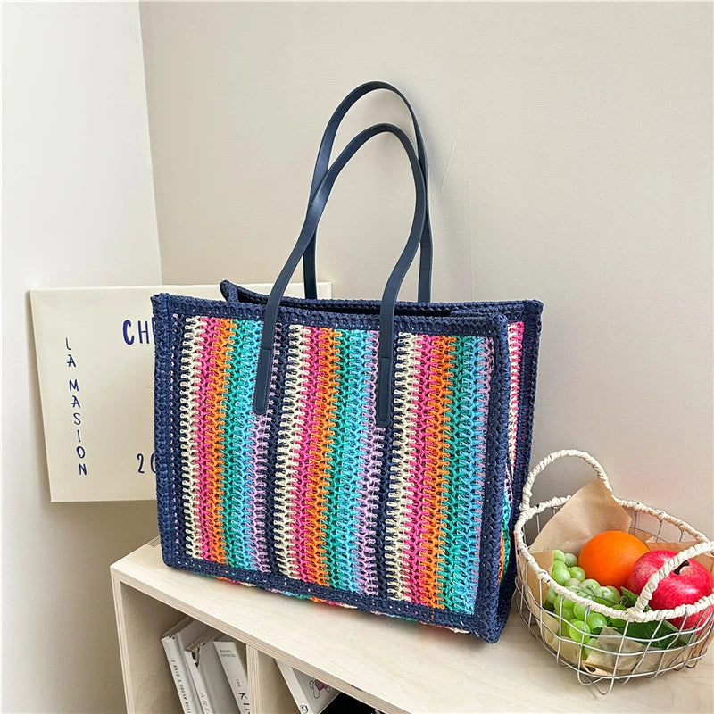 grand sac en paille bleu