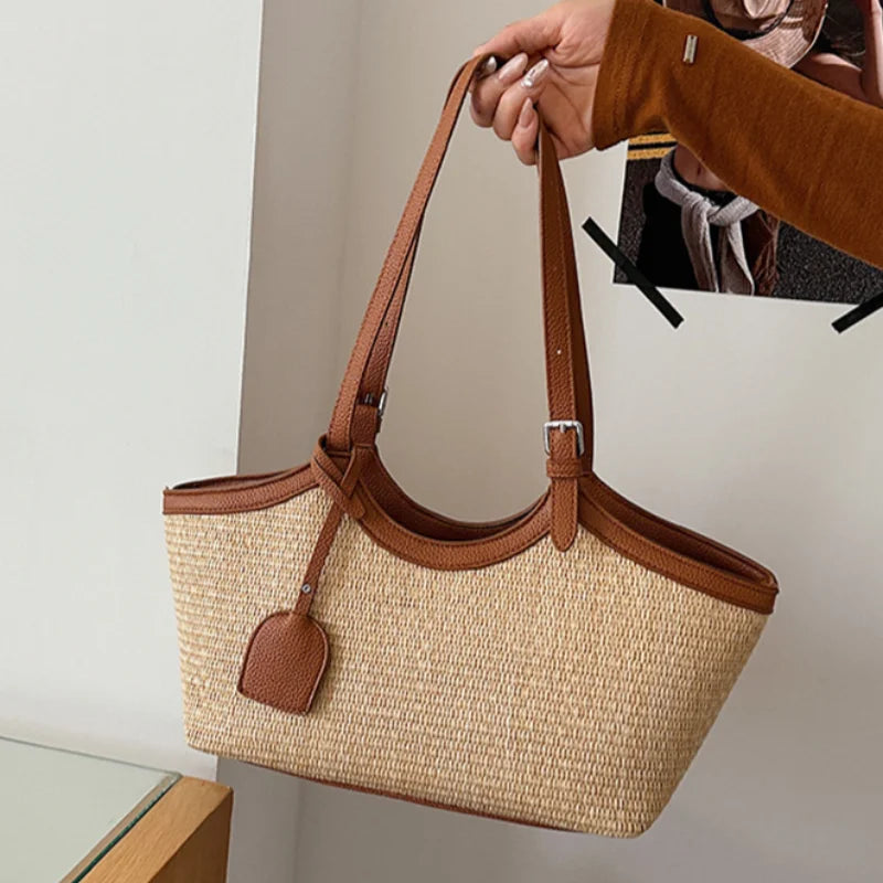 sac a main paille et cuir marron