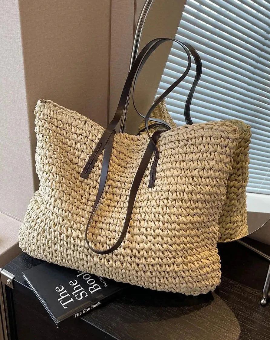 sac de plage en osier beige