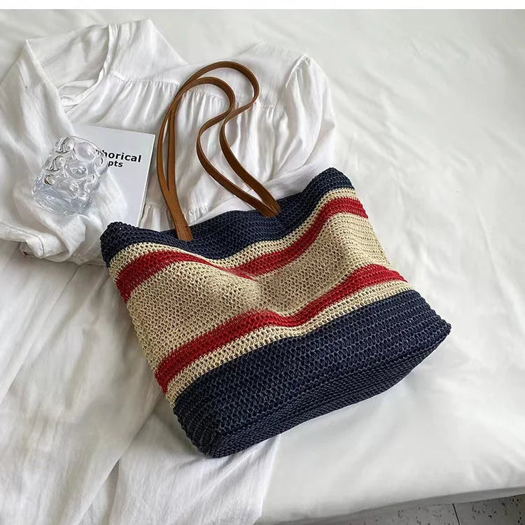 cabas paille et cuir bleu et beige