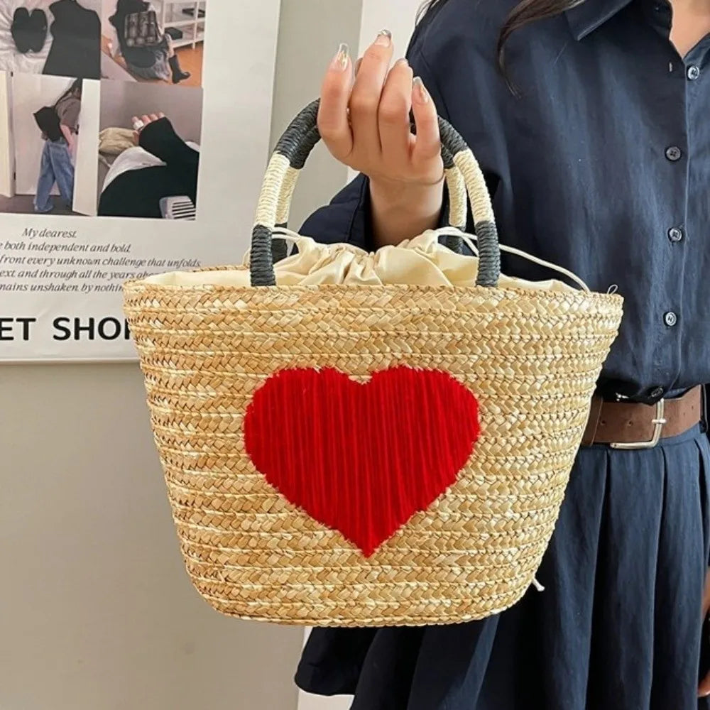 sac en paille brode coeur