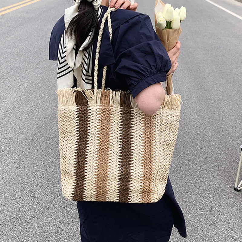 sac en paille luxe raye