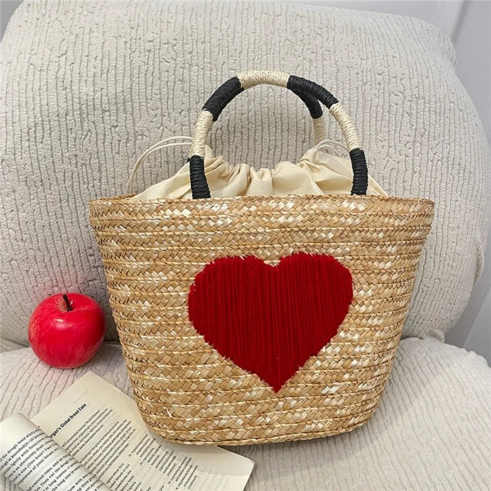 sac en paille brode rouge