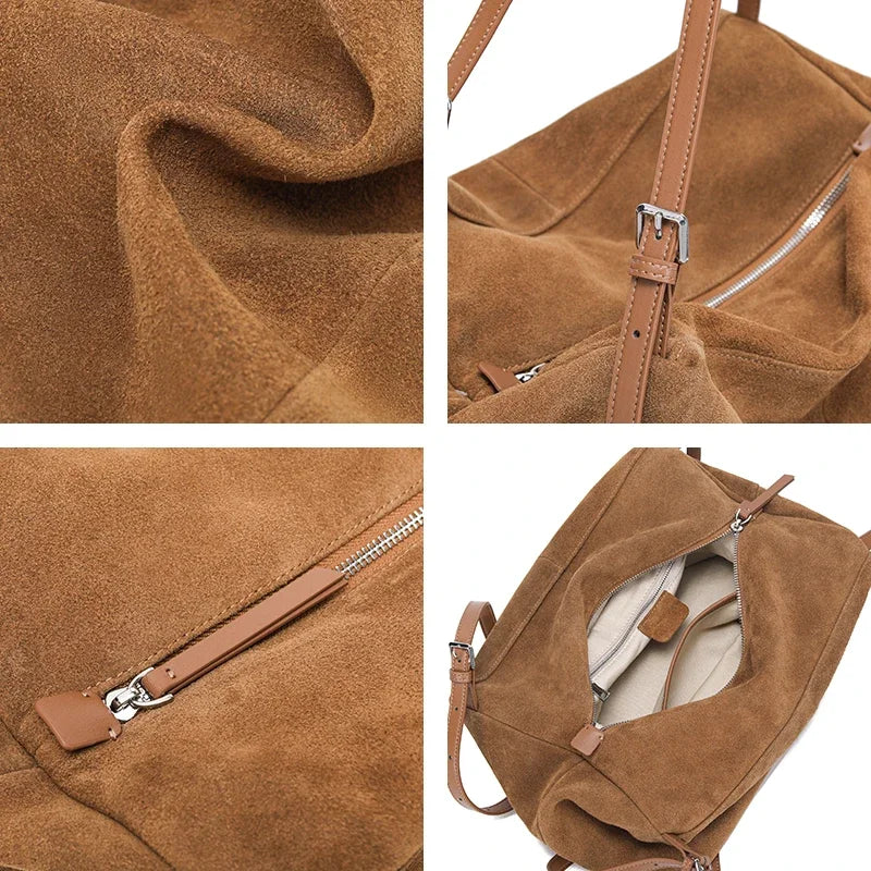 Détail de la fermeture éclair du sac en daim camel