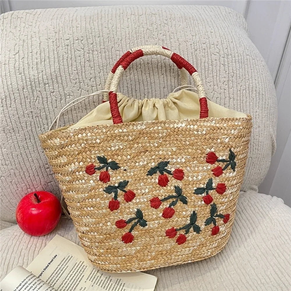 sac en paille brode cerises