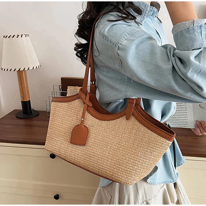 sac a main paille et cuir marron
