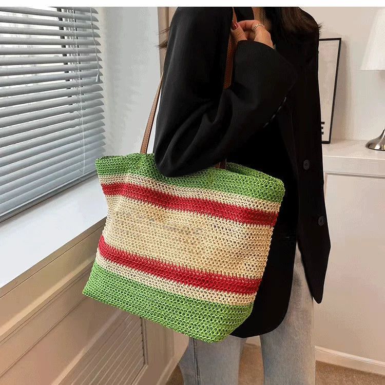 cabas paille et cuir rayé