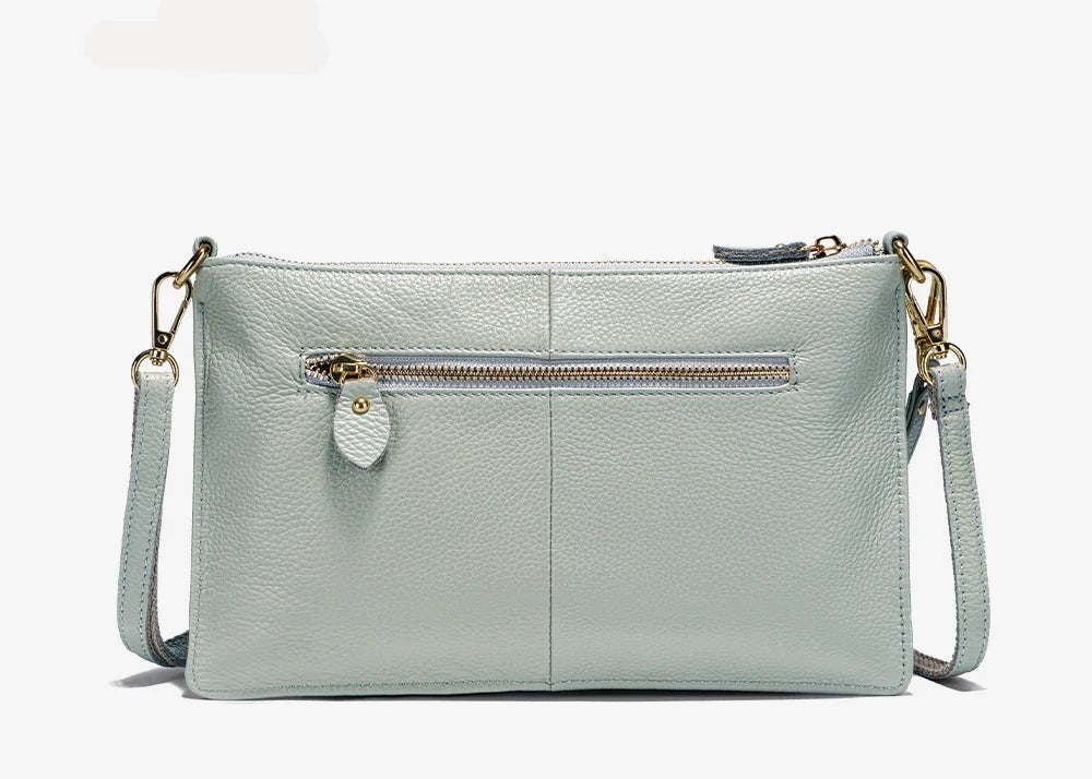 Dos de la pochette en cuir avec sa poche zippée extérieure