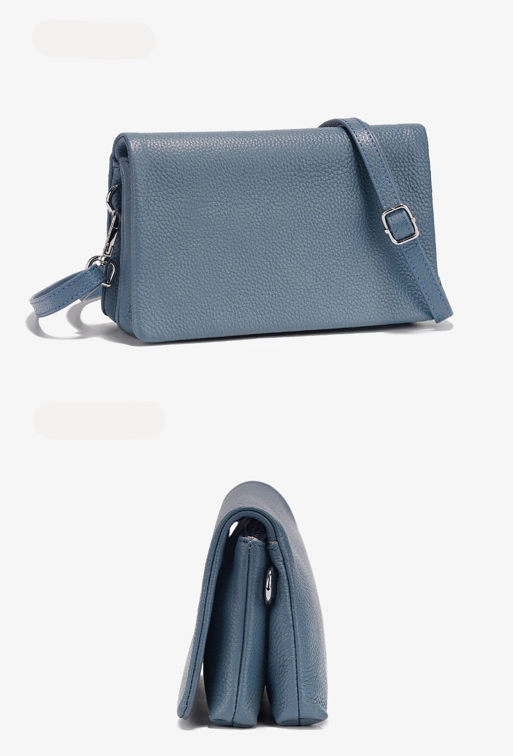 Pochette bandoulière en cuir bleu lin pvu de face et cote