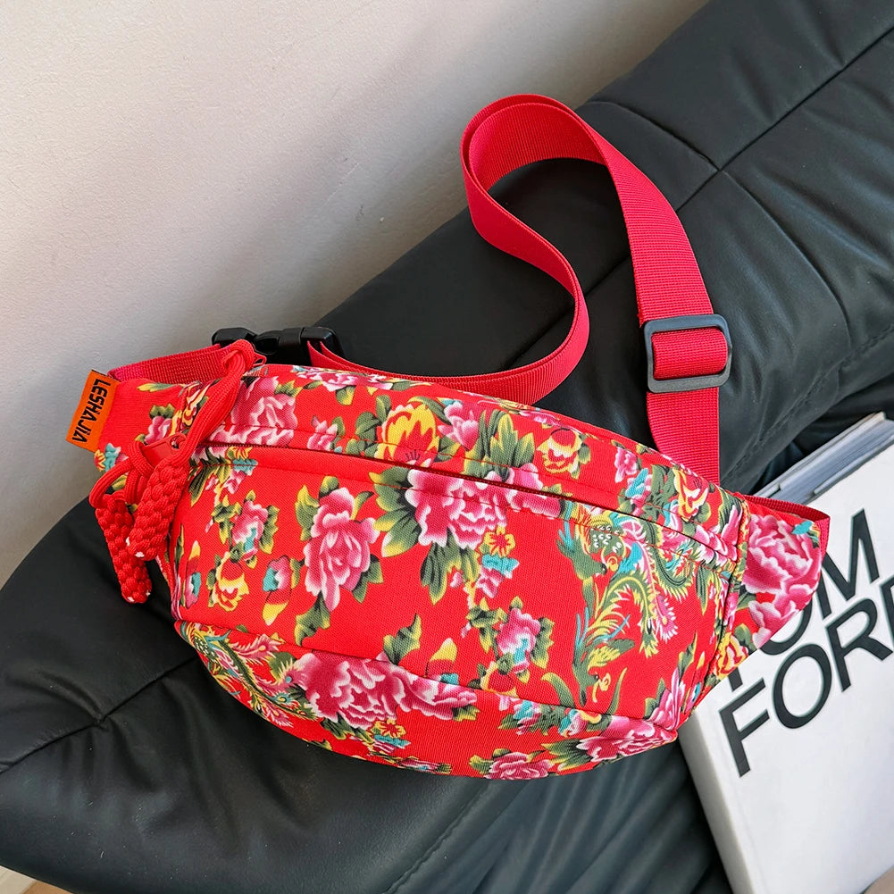 sac banane femme fleuri rouge