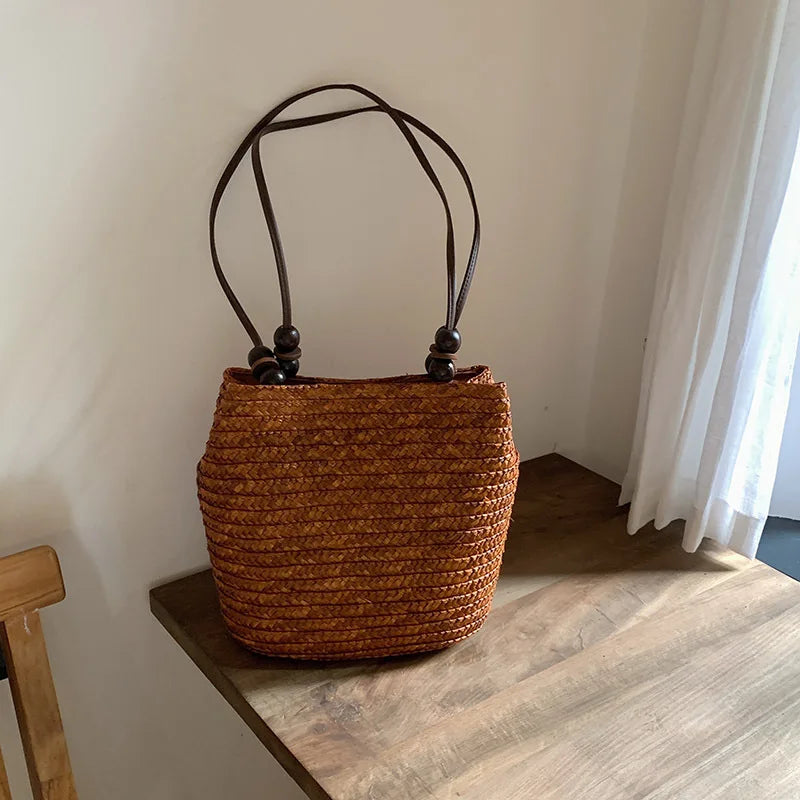 sac seau paille marron