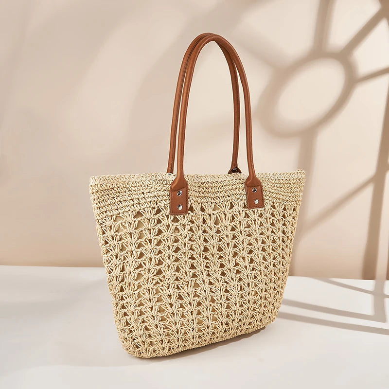 sac cabas de plage en paille beige