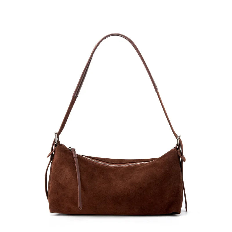 Sac en daim café avec anse en cuir marron, vue de face