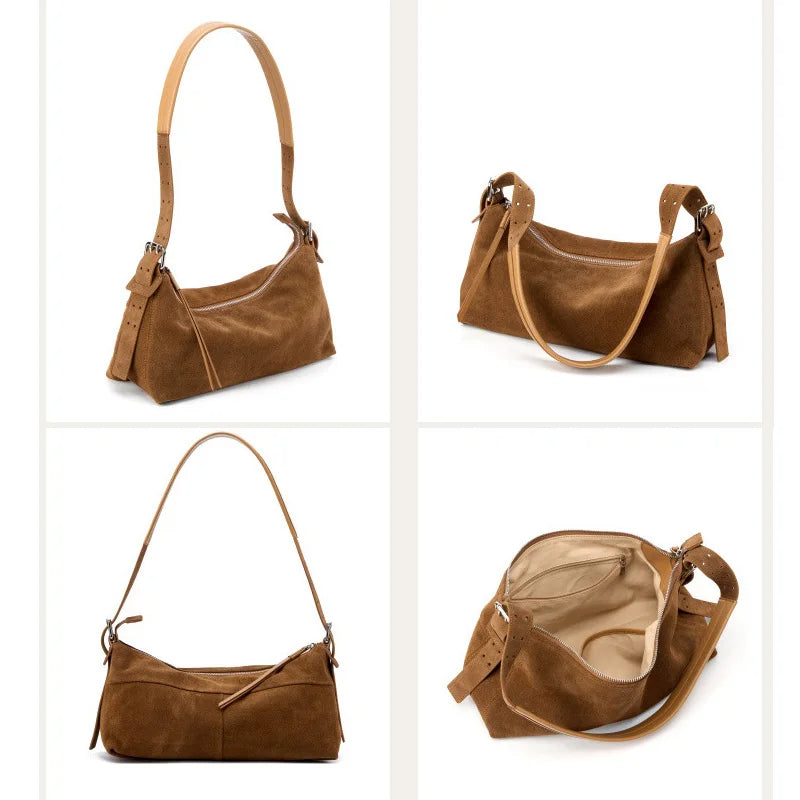 Sac femme en daim caramel présenté sous plusieurs angles