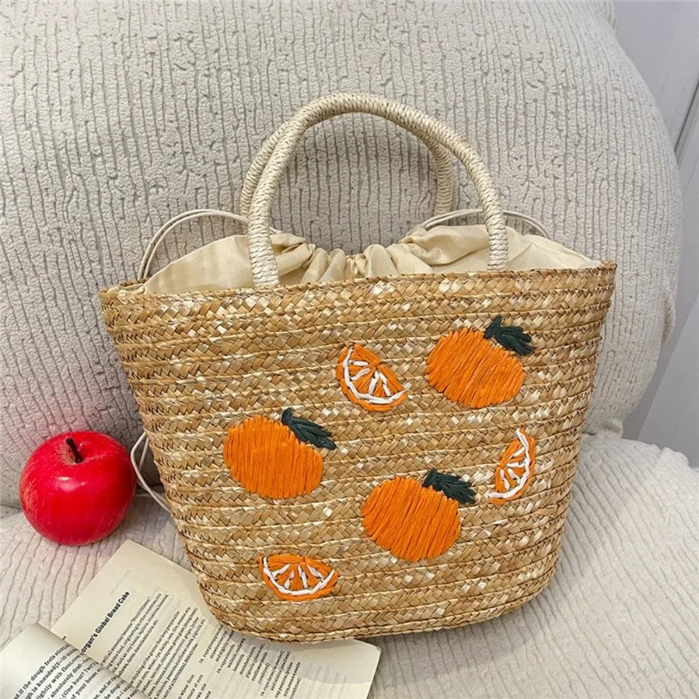 sac en paille brode orange