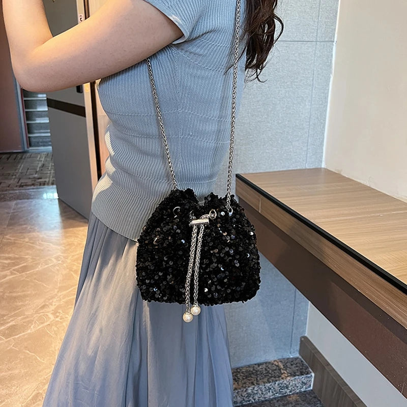 sac bandouliere noir paillette seau