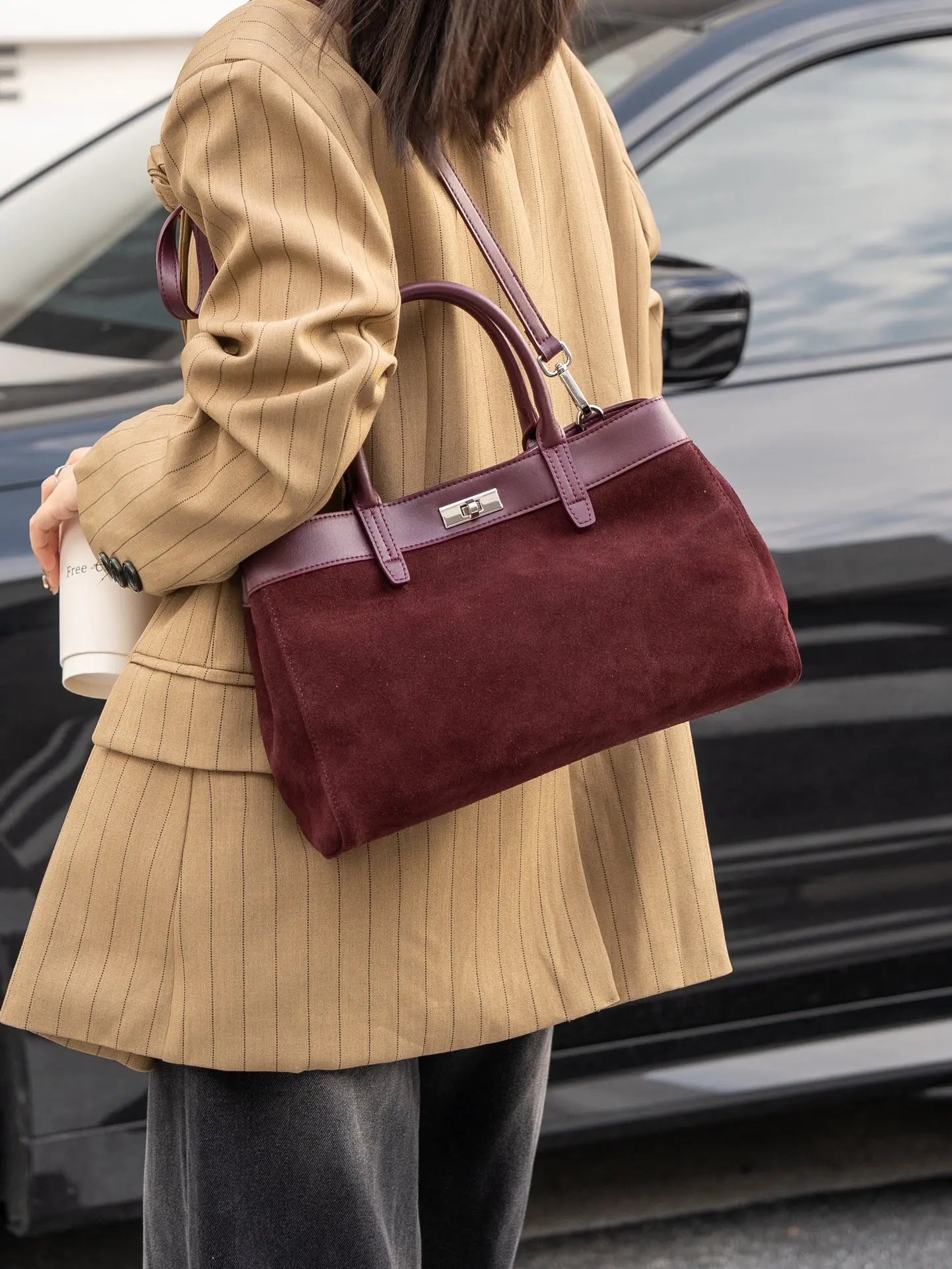 sac a main cuir daim bordeau