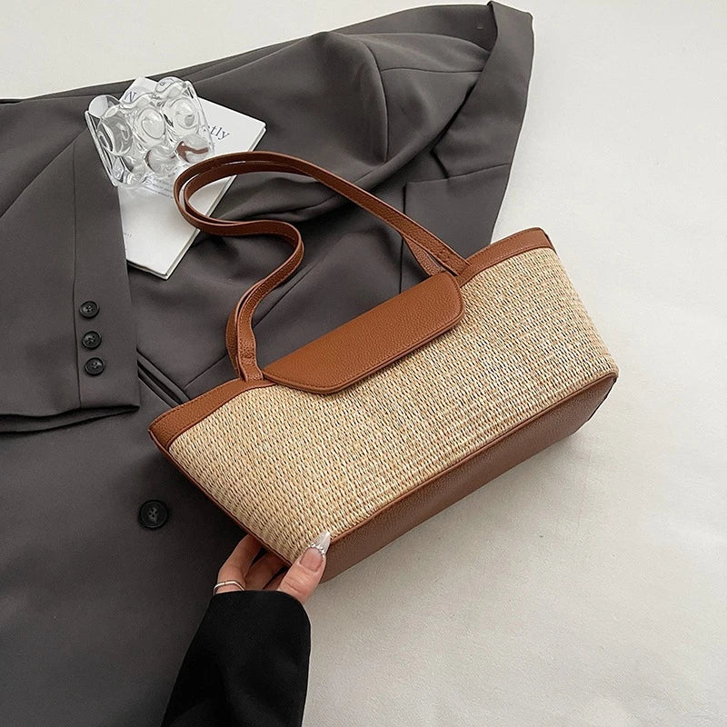 sac a main paille et cuir marron