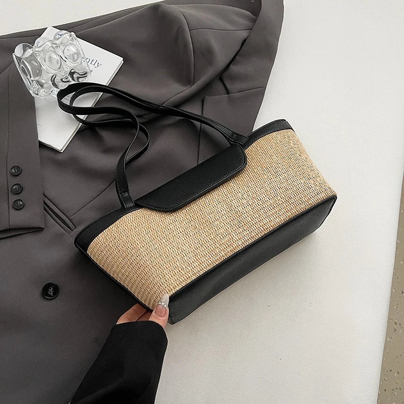 sac a main paille et cuir noir