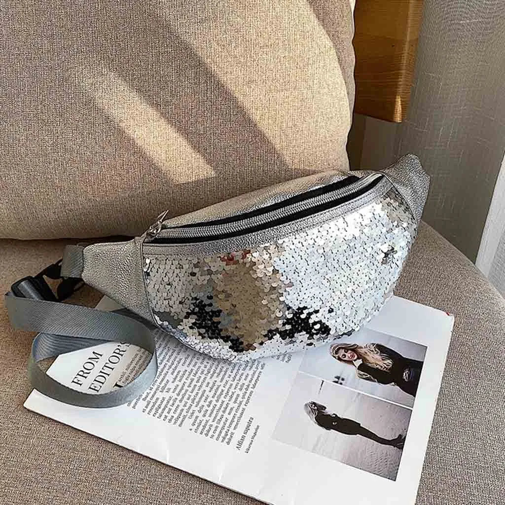 sac banane femme a paillettes argentes
