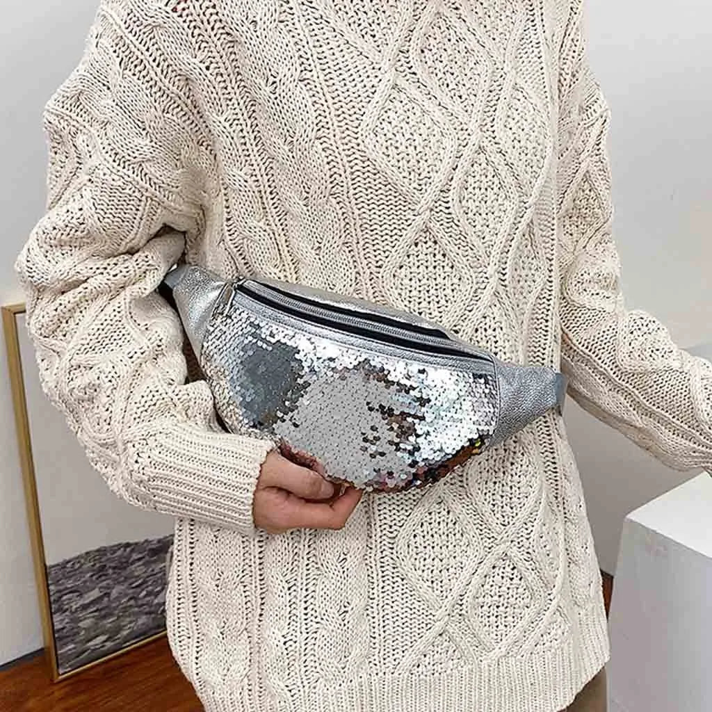 sac banane femme a sequins argente