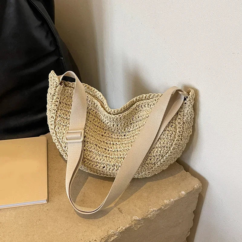 sac banane en paille beige